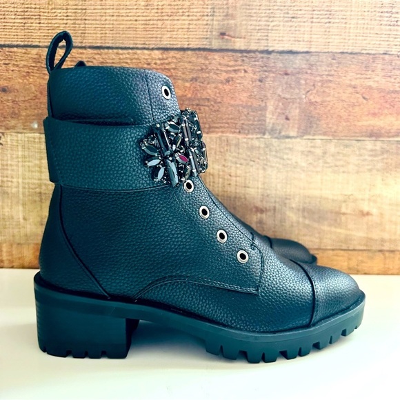 NWT Karl Lagerfeld Paris Women's Pippa Jeweled Pebbled Leather Lug/Combat Boots - Picture 2 of 8